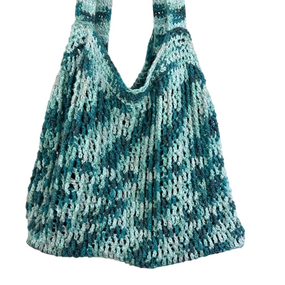 Handknit crochet blue and white shoulder tote bag